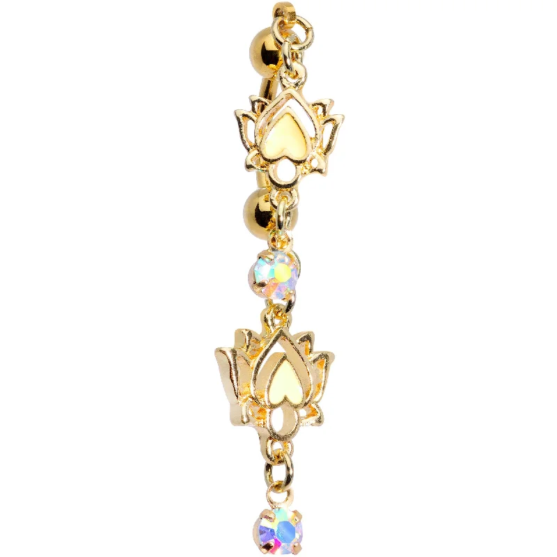 Designer Belly Rings with Artistic Features -Aurora Gem Gold PVD Peaceful Lotus Flower Dangle Top Mount Belly Ring Designer Belly Rings with Artistic Features -Aurora Gem Gold PVD Peaceful Lotus Flower Dangle Top Mount Belly Ring