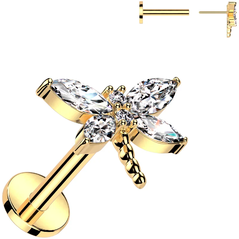 Women's Earrings – Elegant Designs for Every Personality--Gold Tone Surgical Steel Flat Back Earring - 16 Gauge With Cubic Zirconia Dragonfly