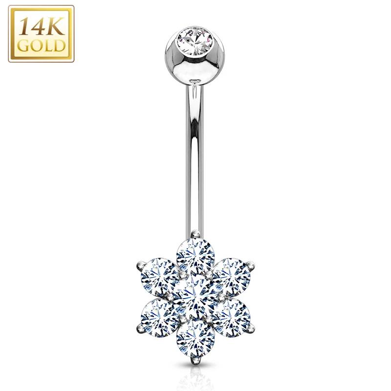 Belly Rings with Vibrant Stones for Stunning Effect -14kt Solid White Gold Fancy Cubic Zirconia Flower Belly Ring Belly Rings with Vibrant Stones for Stunning Effect -14kt Solid White Gold Fancy Cubic Zirconia Flower Belly Ring