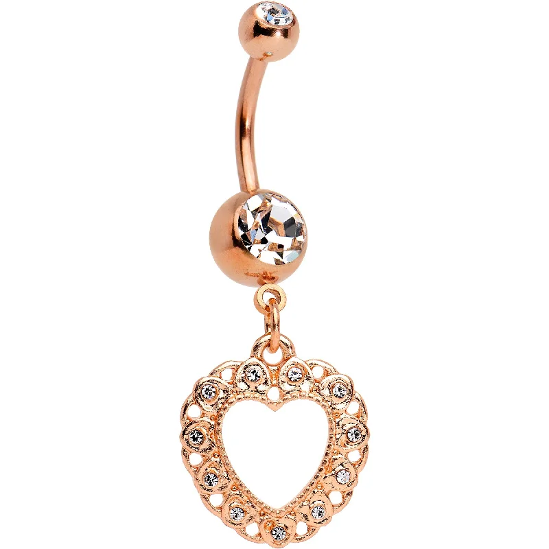 Trendy Belly Rings with Elegant Shine -Clear Gem Rose Gold Tone Anodized Lacey Hollow Heart Dangle Belly Ring