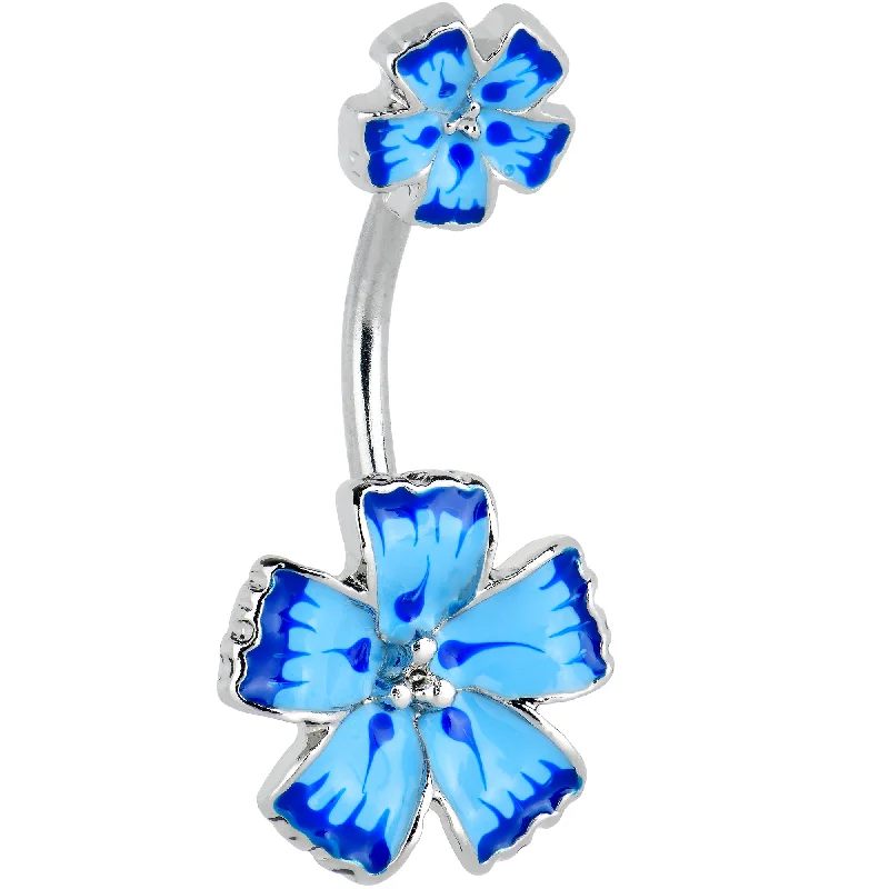 Trendy Belly Rings for Bold Fashion -Blue Flower Textured Center Double Mount Belly Ring Trendy Belly Rings for Bold Fashion -Blue Flower Textured Center Double Mount Belly Ring