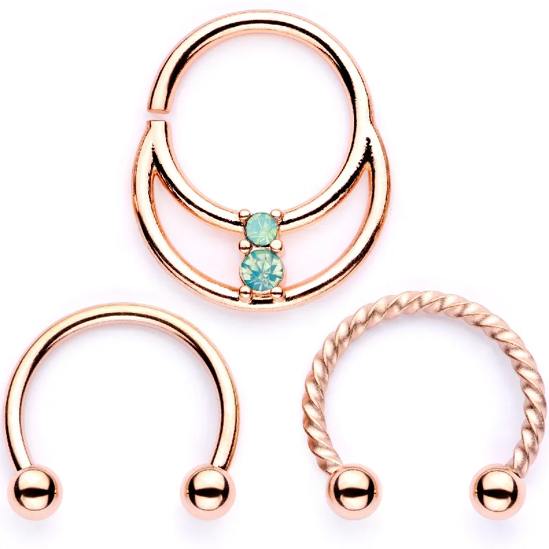 Nose Rings with Square Designs -16 Gauge 3/8 Teal Faux Opal Rose Gold Tone Horseshoe Closure Ring Set