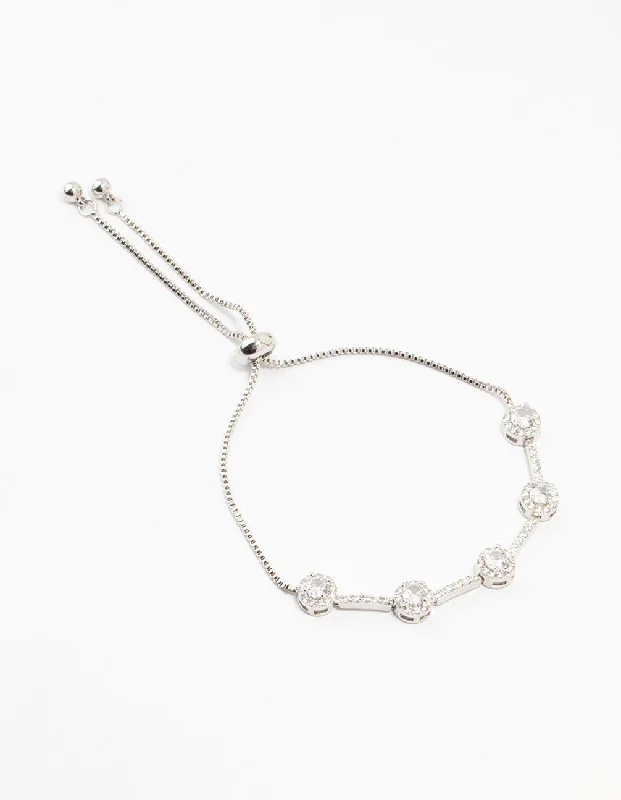 Gold Bangles with Intricate Engraving for Women-Silver Round Cubic Zirconia Halo Toggle Bracelet