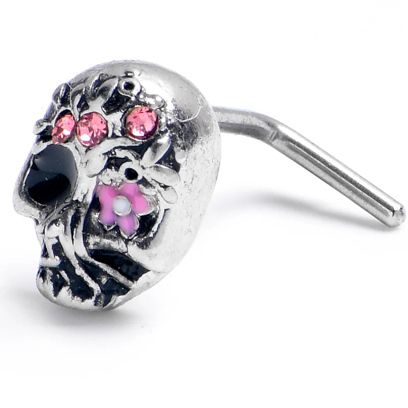 Trendy Nose Rings for Fashion Forward Women -20 Gauge 7mm Pink CZ Gem Stylish Skull L Shape Nose Ring Trendy Nose Rings for Fashion Forward Women -20 Gauge 7mm Pink CZ Gem Stylish Skull L Shape Nose Ring