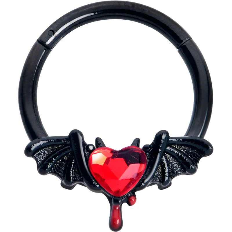 Trendy Nose Rings for Boho Look -16 Gauge 3/8 Red Gem Black Bleeding Heart Bat Hinged Segment Ring Trendy Nose Rings for Boho Look -16 Gauge 3/8 Red Gem Black Bleeding Heart Bat Hinged Segment Ring