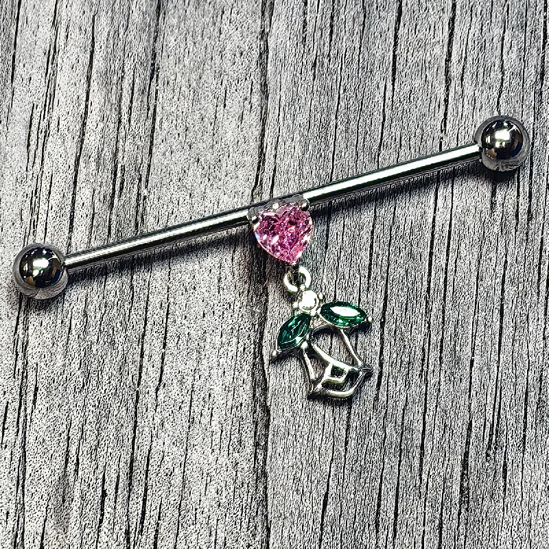 Women's Earrings – Elegant Designs for Every Personality--14 Gauge Pink Gem Heart And Rose Dangle Industrial Barbell 38mm