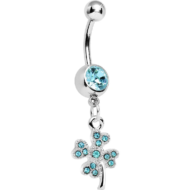 Trendy Belly Rings for Bold Fashionistas -Aqua Gem Delicate Four Leaf Clover Dangle Belly Ring
