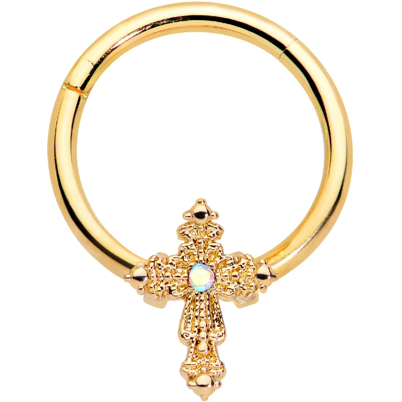 Adjustable Hoop Nose Rings -16 Gauge 3/8 Aurora CZ Gem Gold Tone Subtle Cross Hinged Segment Ring Adjustable Hoop Nose Rings -16 Gauge 3/8 Aurora CZ Gem Gold Tone Subtle Cross Hinged Segment Ring