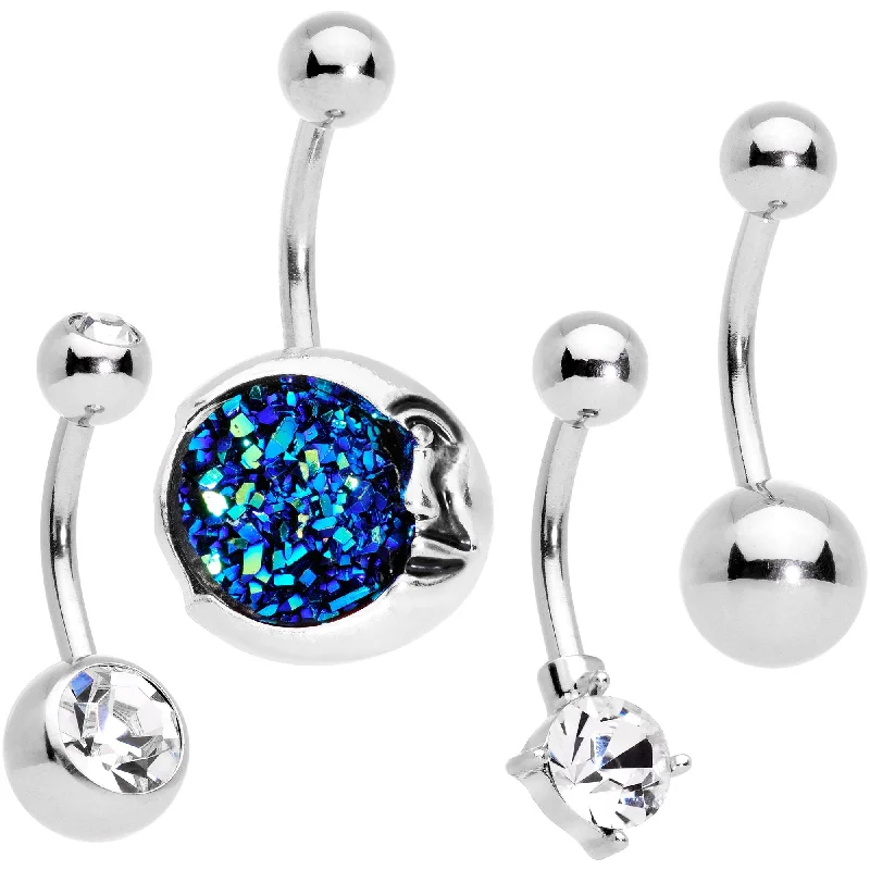 Belly Rings with Artistic Designs for Bold Fashion -Clear Gem Blue Faux Druzy Peaceful Moon Belly Ring Set Belly Rings with Artistic Designs for Bold Fashion -Clear Gem Blue Faux Druzy Peaceful Moon Belly Ring Set