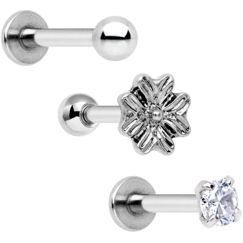 Lip Rings with Gemstone Accents16 Gauge 1/4 Clear Gem Flowers Cartilage Tragus Earring Set of 3