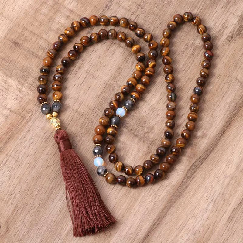 Shop Classic Women's  Necklaces & Pendants with a Modern Twist-Buddha Stones Tibetan Tiger Eye Buddha Strength Power Beaded Tassel Pendant Necklace