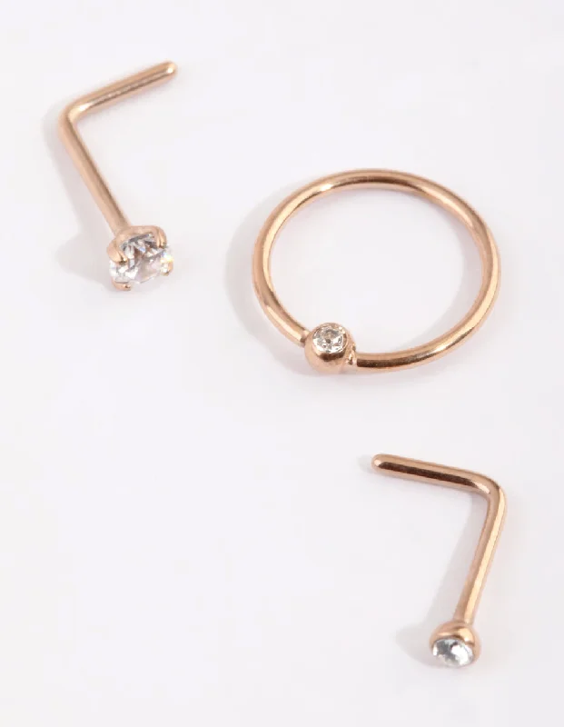 Nose Rings for Edgy Looks -Rose Gold Plated Titanium Diamante Nose Stud Pack