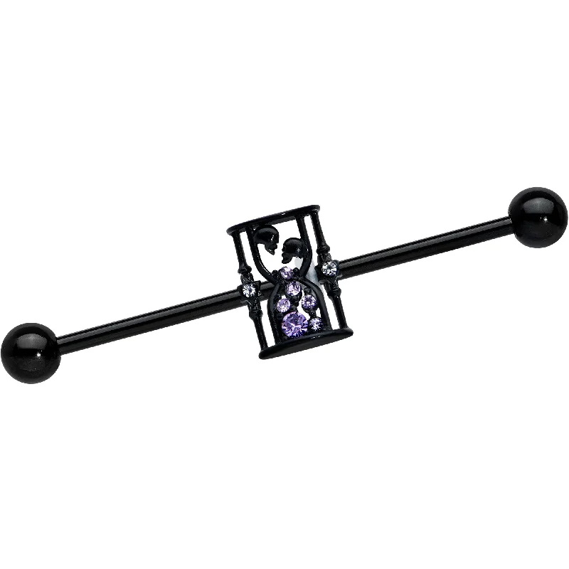 Women's Earrings – Elegant Designs for Every Personality--14 Gauge Clear Purple Gem Black Goth Hourglass Industrial Barbell 38mm