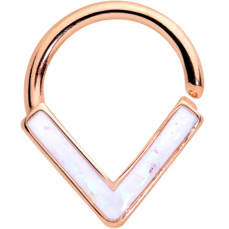 Women's Earrings – Elegant Designs for Every Personality--16 Gauge 5/16 White Faux Opal Rose Gold Tone Chevron Closure Ring