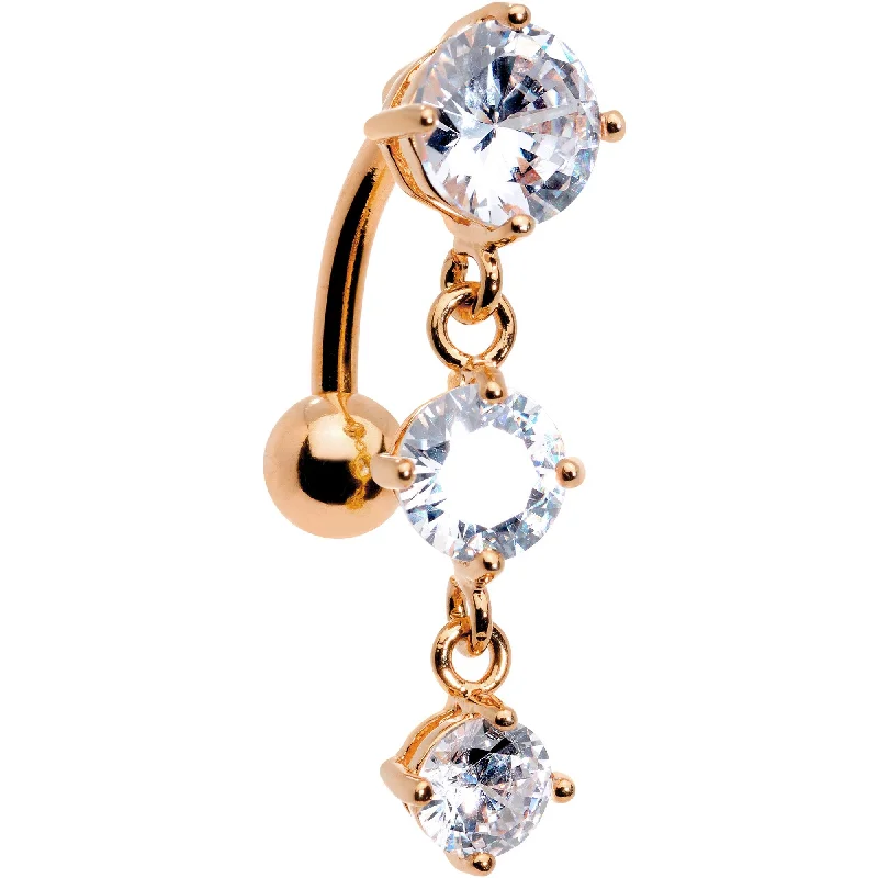 Comfortable Belly Rings for Easy Wear -Clear CZ Gem Rose Gold Plated Trio Tier Top Mount Dangle Belly Ring Comfortable Belly Rings for Easy Wear -Clear CZ Gem Rose Gold Plated Trio Tier Top Mount Dangle Belly Ring