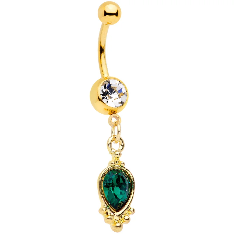 Trendy Belly Rings for Statement Fashion -Clear Green Gem Gold Tone Christmas Dangle Belly Ring Trendy Belly Rings for Statement Fashion -Clear Green Gem Gold Tone Christmas Dangle Belly Ring