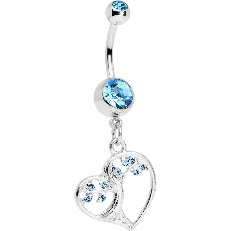 Comfortable Belly Rings with Shiny Finish -Brilliant Blue CZ Gem Tree of Life Heart Dangle Belly Ring Comfortable Belly Rings with Shiny Finish -Brilliant Blue CZ Gem Tree of Life Heart Dangle Belly Ring
