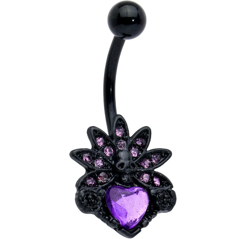 Elegant Belly Rings with Luxurious Appeal -Purple Gem Black Skull Blossom Heart Belly Ring Elegant Belly Rings with Luxurious Appeal -Purple Gem Black Skull Blossom Heart Belly Ring