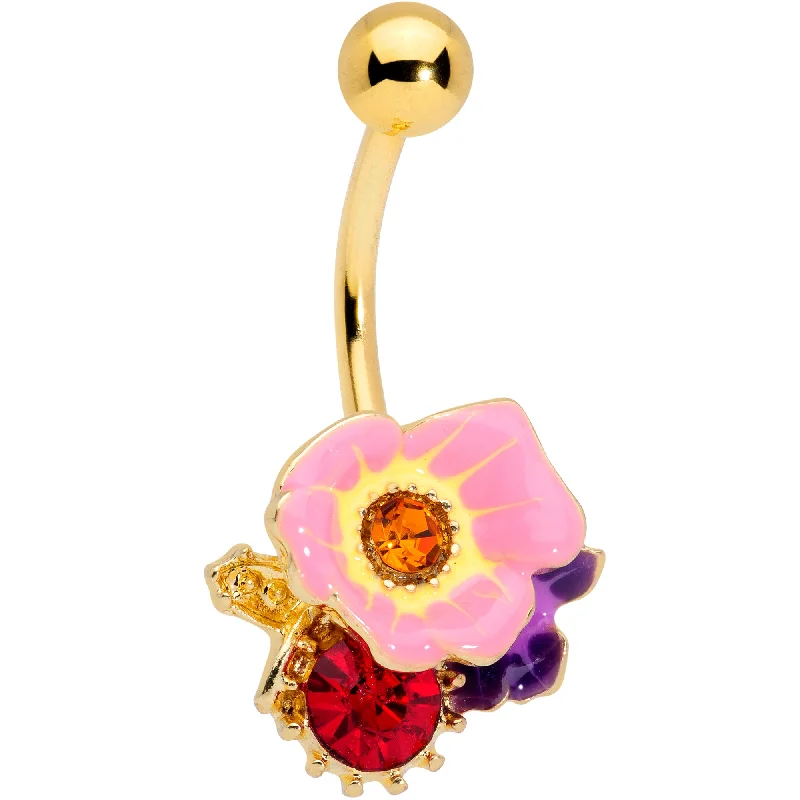 Comfortable Belly Rings for Casual Fashion -Red Pink Blue Gem Gold Tone Multi Flower Belly Ring Comfortable Belly Rings for Casual Fashion -Red Pink Blue Gem Gold Tone Multi Flower Belly Ring