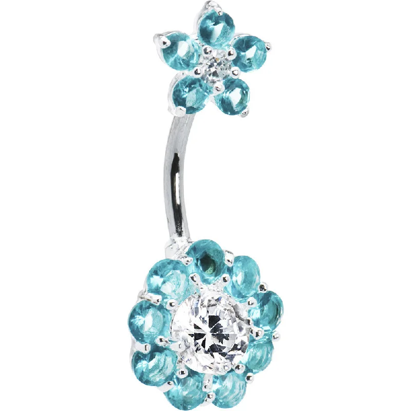 Comfortable Belly Rings with Vibrant Colors -Sterling Silver 925 Aquamarine Cubic Zirconia Double FLOWER Belly Ring Comfortable Belly Rings with Vibrant Colors -Sterling Silver 925 Aquamarine Cubic Zirconia Double FLOWER Belly Ring