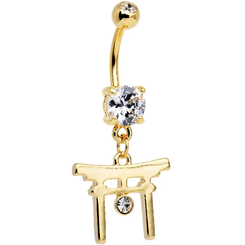 Comfortable Belly Rings with Custom Finish -Clear CZ Gem Gold PVD Japanese Gate Dangle Belly Ring Comfortable Belly Rings with Custom Finish -Clear CZ Gem Gold PVD Japanese Gate Dangle Belly Ring
