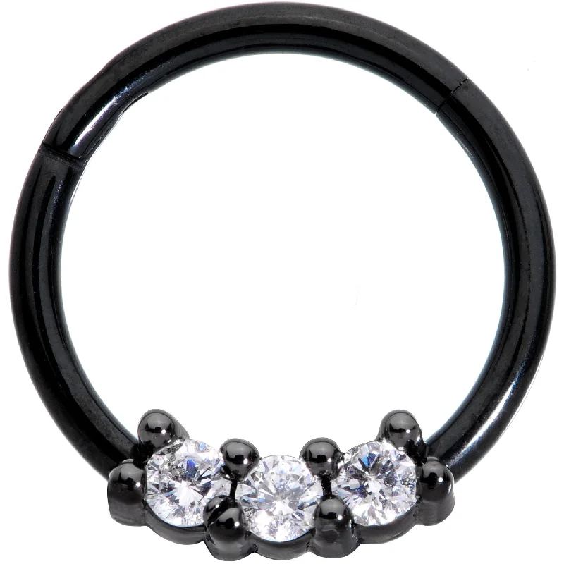 Nose Rings for Casual Wear -16 Gauge 3/8 Clear CZ Gem Black Trio Hinged Segment Ring