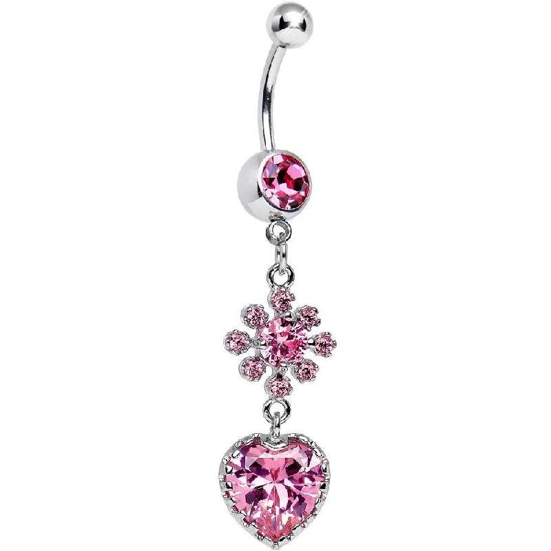 Belly Rings for Piercings -Pink CZ Flower Bomb and Heart Dangle Belly Ring