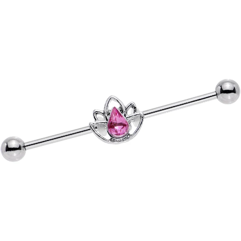 Women's Earrings – Elegant Designs for Every Personality--14 Gauge Pink Gem Lonely Lotus Flower Industrial Barbell 38mm