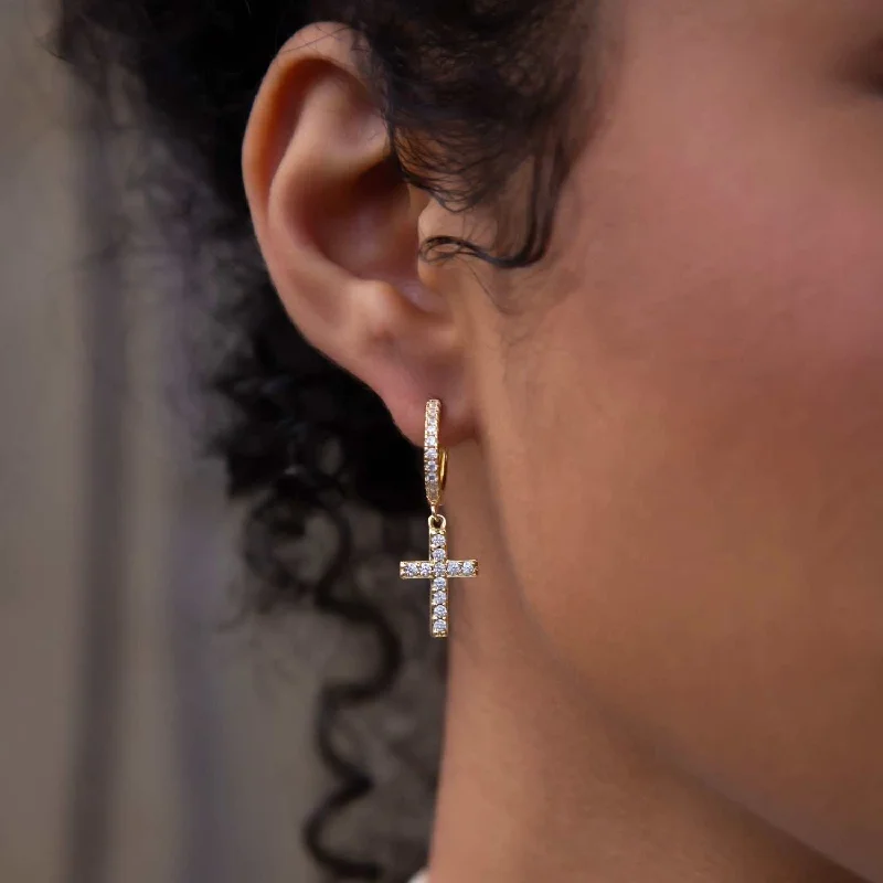 Women's Earrings – Elegant Designs for Every Personality--Diamond Cross Hoop Earrings in Yellow Gold