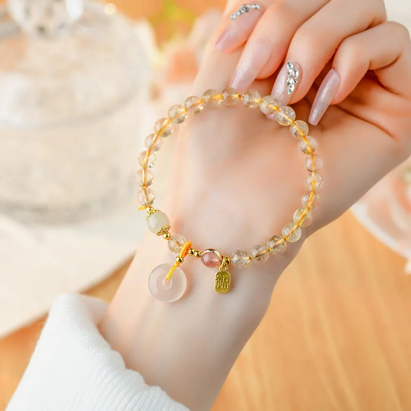 Gold Bangles with Intricate Engraving for Women-Buddha Stones Natural Golden Rutilated Quartz Fu Character Peace Buckle Charm Wealth Bracelet Gold Bangles with Intricate Engraving for Women-Buddha Stones Natural Golden Rutilated Quartz Fu Character Peace Buckle Charm Wealth Bracelet