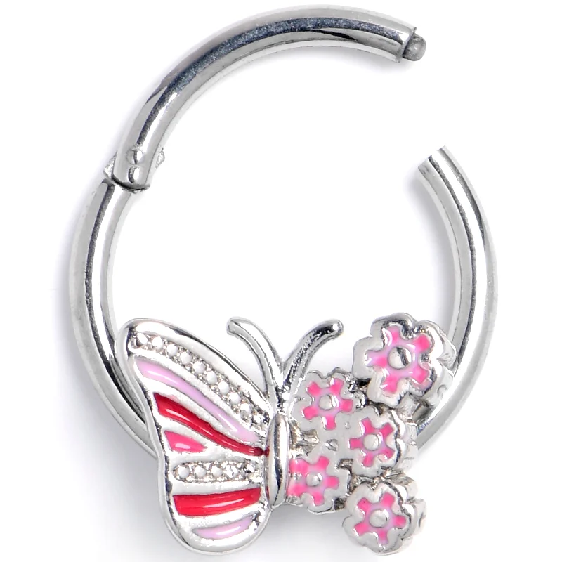Nose Rings for Septum Piercing -16 Gauge 3/8 Clear Gem Flowery Butterfly Pink Hinged Segment Ring Nose Rings for Septum Piercing -16 Gauge 3/8 Clear Gem Flowery Butterfly Pink Hinged Segment Ring