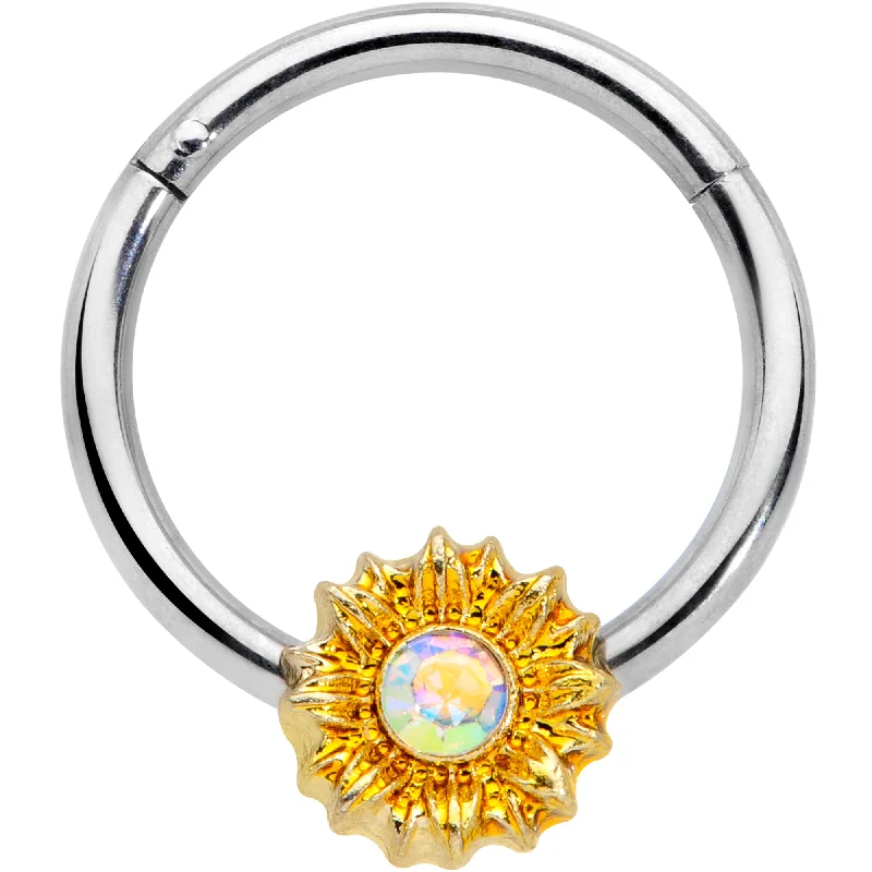 Classic Nose Rings for Timeless Look -16 Gauge 3/8 Aurora Gem Sunflower Style Hinged Segment Ring Classic Nose Rings for Timeless Look -16 Gauge 3/8 Aurora Gem Sunflower Style Hinged Segment Ring