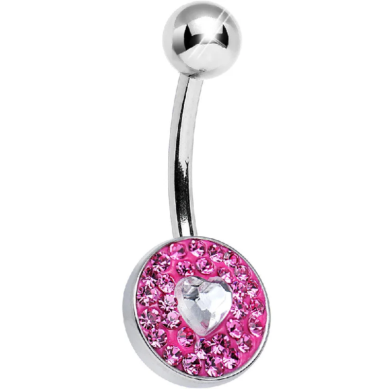 Comfortable Belly Rings for Fashion-Forward Women -Pink Gem Medallion with Clear Gem Heart Core Belly Ring Comfortable Belly Rings for Fashion-Forward Women -Pink Gem Medallion with Clear Gem Heart Core Belly Ring
