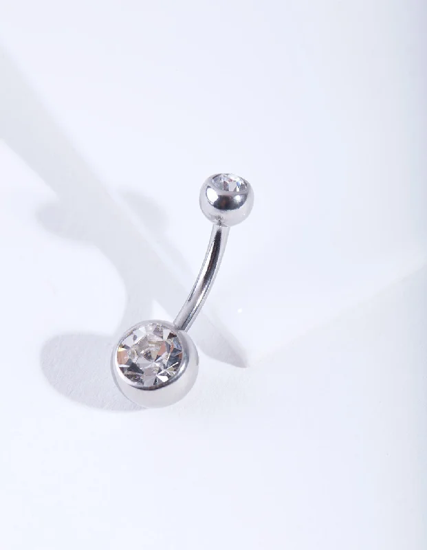 Belly Rings with Designer Accents for Bold Fashion -Silver Double Diamante Belly Bar Belly Rings with Designer Accents for Bold Fashion -Silver Double Diamante Belly Bar