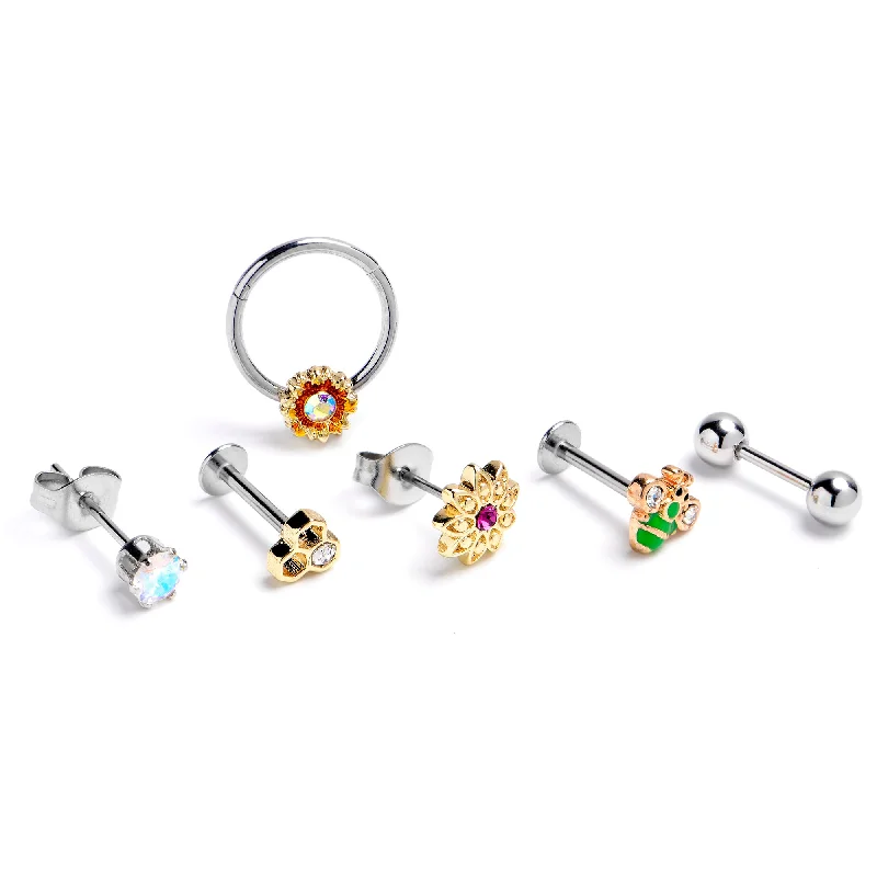 Women's Earrings – Elegant Designs for Every Personality--16 Gauge 3/8 5/16 Aurora Gem Bee Flower Labret BCR Cartilage Curation Set of 6