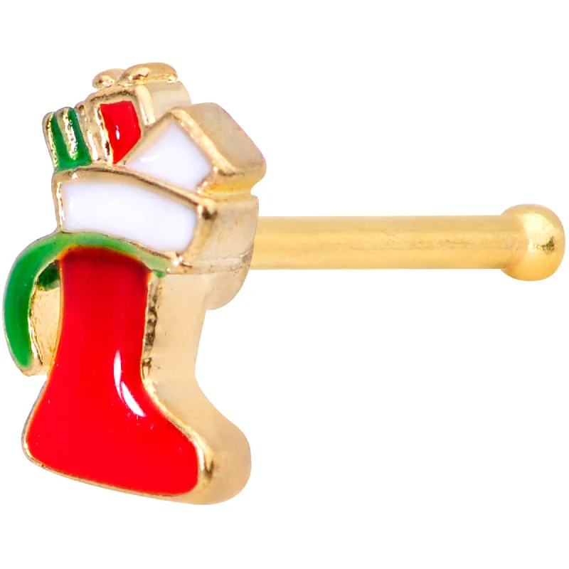 Nostalgic Nose Rings -20 Gauge 7mm Gold Tone Red White Christmas Stocking Nose Bone