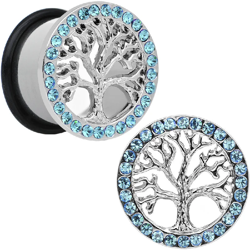 Women's Earrings – Elegant Designs for Every Personality--11/16 Blue Gem Stainless Steel Single Flare Tree of Life Plug Set