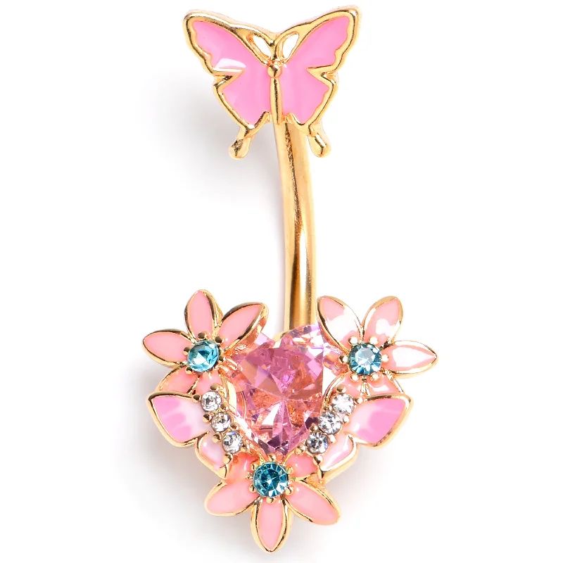 Trendy Belly Rings for Bold Style -Blue Pink Clear Gem Gold Tone Butterfly Flowers Double Mount Belly Ring Trendy Belly Rings for Bold Style -Blue Pink Clear Gem Gold Tone Butterfly Flowers Double Mount Belly Ring