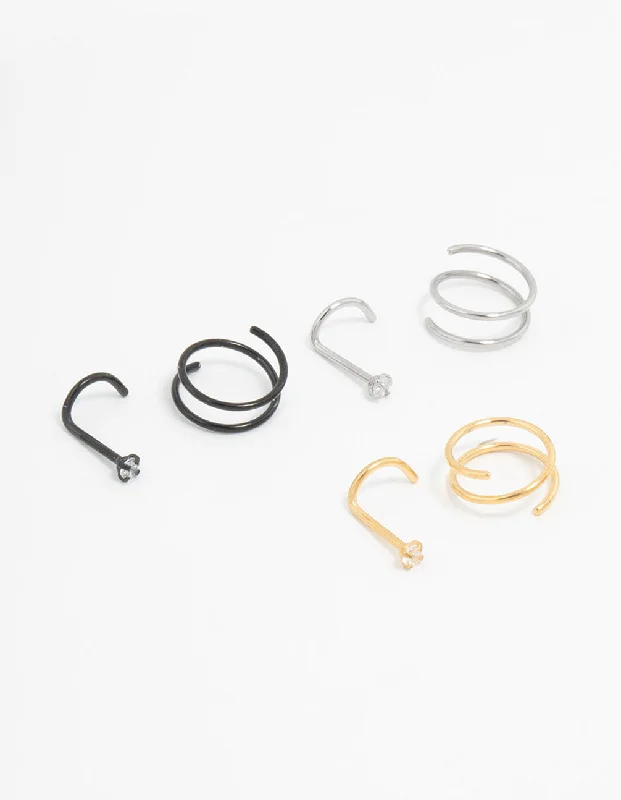Nose Rings with Simple Finish -Mixed Surgical Steel  Nose Ring & Stud 6-Pack
