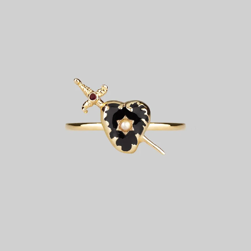 Chic Women's Rings for Fashion-Forward Looks-DEVOTION. Black Heart & Sword Gold Ring