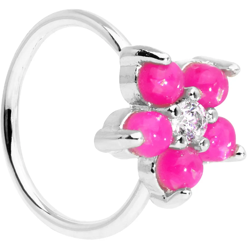 Comfortable Nose Rings for All Styles -20 Gauge 5/16 Clear CZ Pink Faux Opal Flower Circular Ring