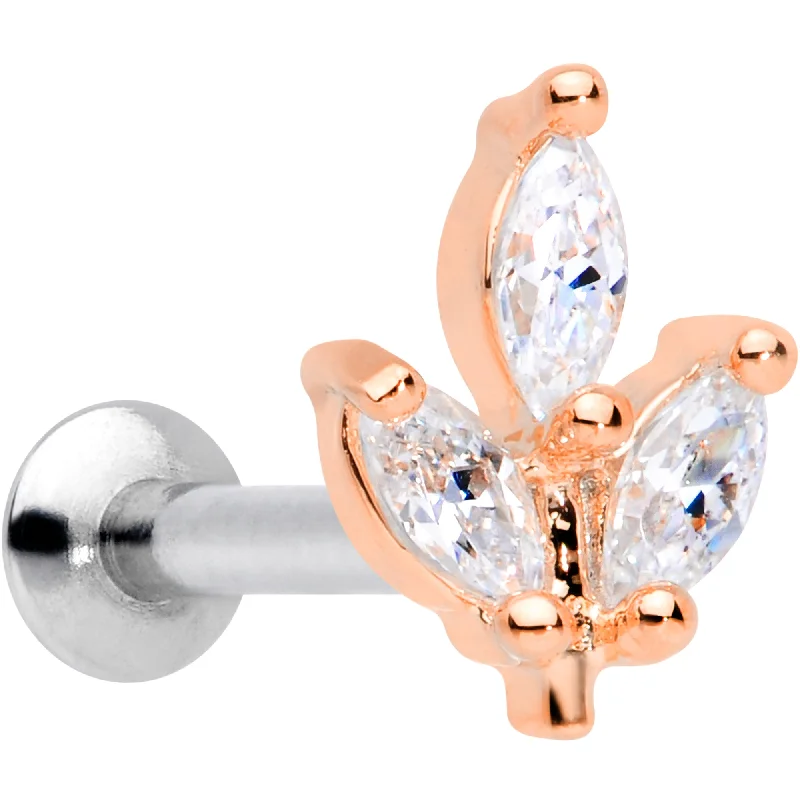 Comfortable Lip Rings for Effortless Wear16 Gauge 5/16 CZ Rose Gold PVD Leaf Threadless Push In Labret Tragus