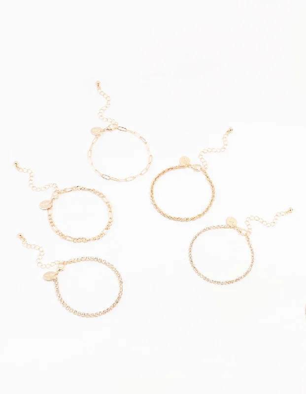 Personalized Cuff Bangles for Women-Gold Cupchain Figaro Bracelets 5-Pack