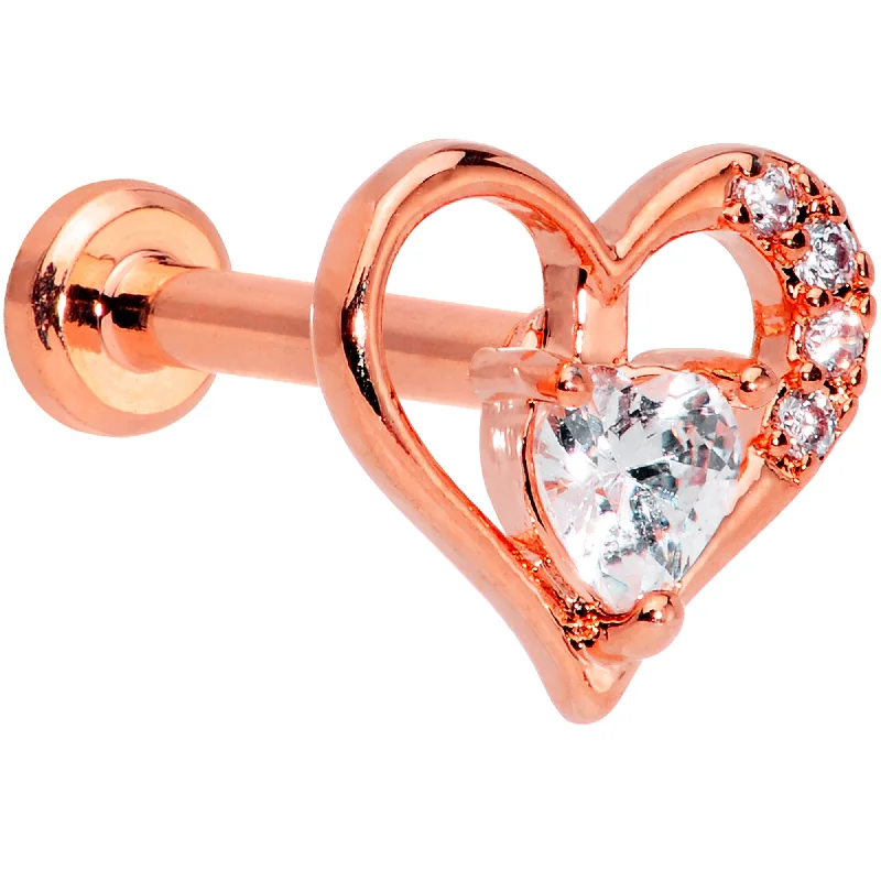 Bold and Beautiful Lip Rings with Stones16 Gauge 5/16 Clear CZ Gem Rose Gold Hue Heart Internal Thread Labret
