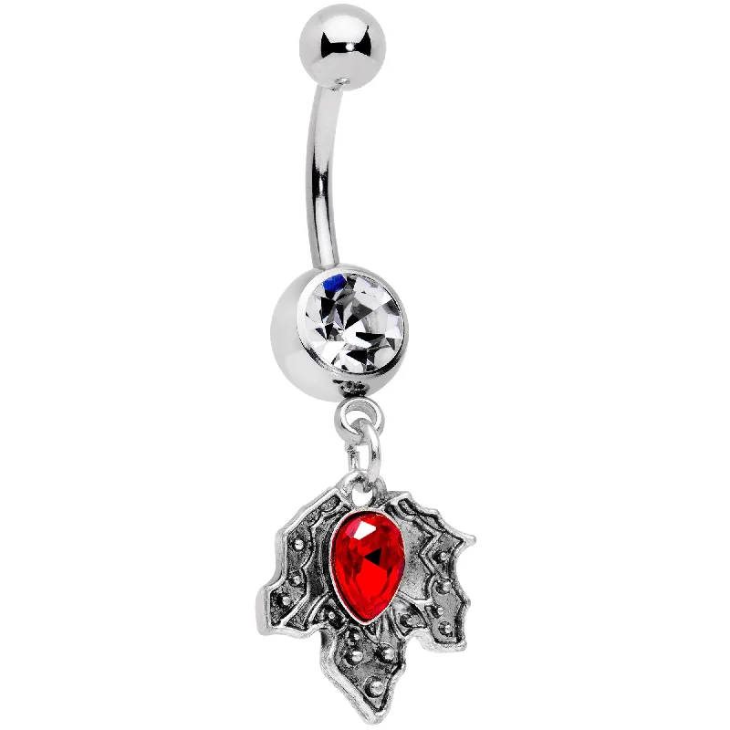 Trendy Belly Rings with Glittering Stones -Clear Red Gem Holiday Holly Leaf Christmas Dangle Belly Ring