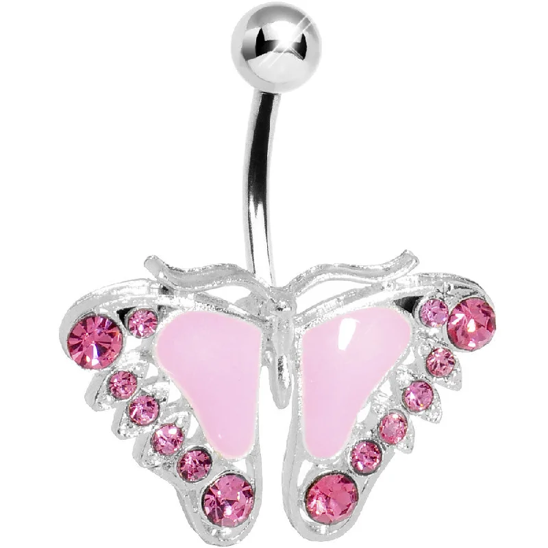 Trendy Belly Rings with Modern Features -Pink Gem Lined Wing Butterfly Belly Ring