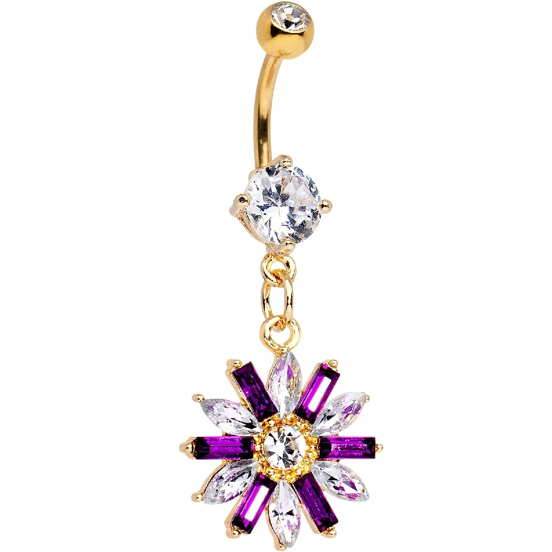 Stunning Belly Rings with Timeless Shine -Purple CZ Gem Gold Tone Anodized Fancy Flower Dangle Belly Ring Stunning Belly Rings with Timeless Shine -Purple CZ Gem Gold Tone Anodized Fancy Flower Dangle Belly Ring