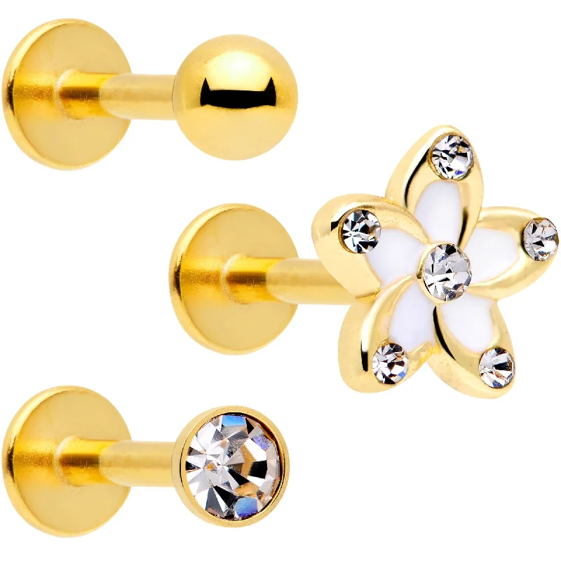 Beautiful Lip Rings with Unique Shine16 Gauge 5/16 Clear Gem Gold Tone White Flower Labret Set of 3 Beautiful Lip Rings with Unique Shine16 Gauge 5/16 Clear Gem Gold Tone White Flower Labret Set of 3