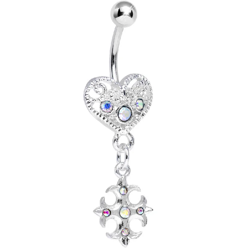 Comfortable Belly Rings for Everyday Use -Aurora Gem Heart with Gothic Cross Dangle Belly Ring Comfortable Belly Rings for Everyday Use -Aurora Gem Heart with Gothic Cross Dangle Belly Ring