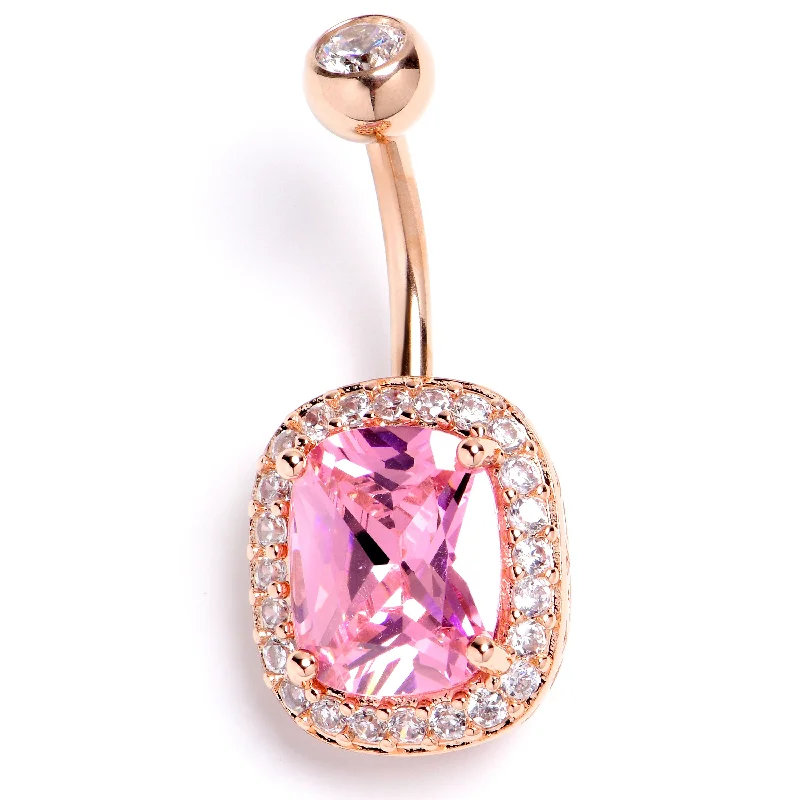 Belly Rings for Piercings -Clear Pink CZ Gem Rose Gold Tone Rococo Square Belly Ring Belly Rings for Piercings -Clear Pink CZ Gem Rose Gold Tone Rococo Square Belly Ring